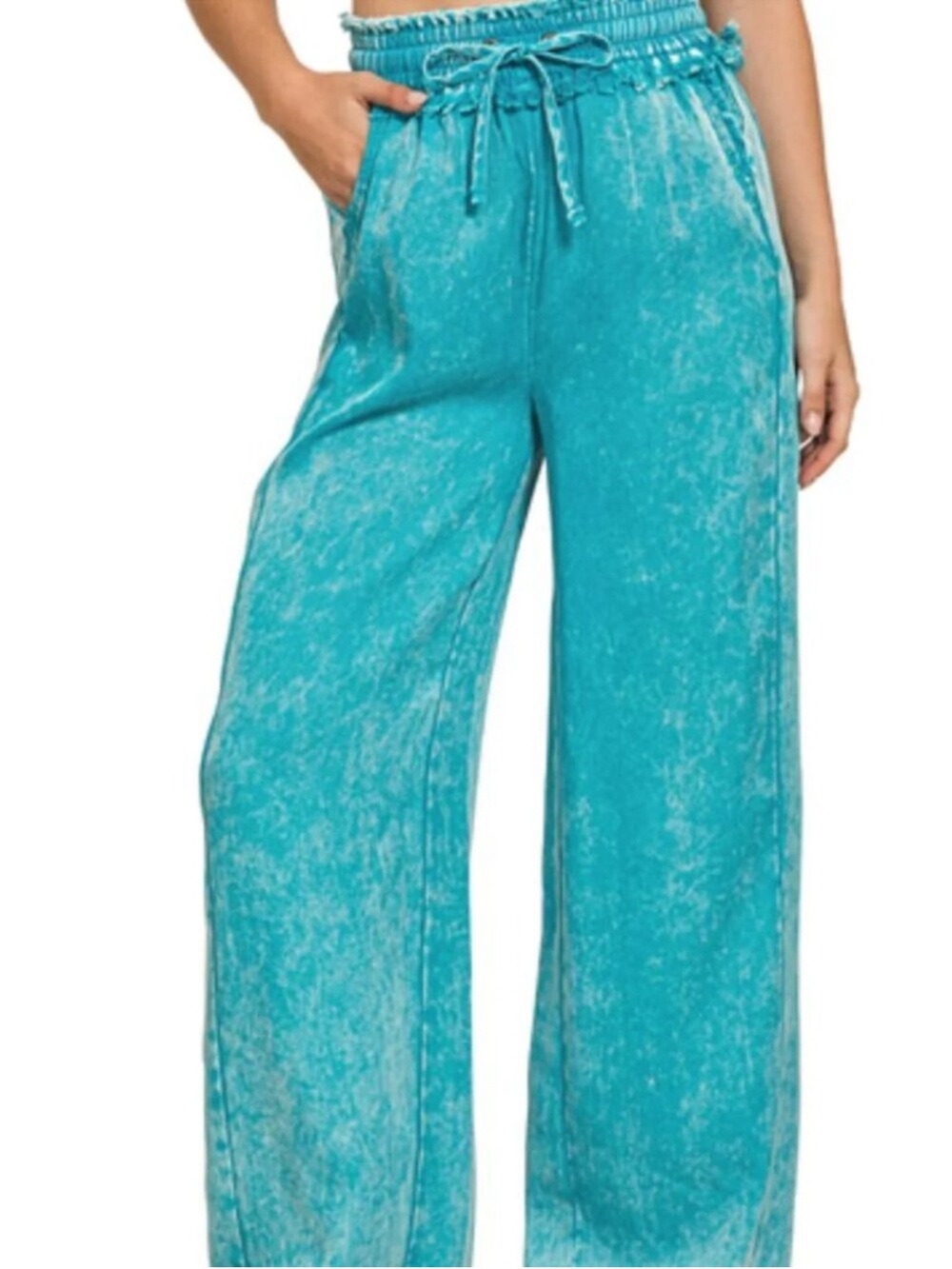 Zenana Teal Tencel Wide Leg Pants Size M | Mineral Wash Drawstring Palazzo Pants